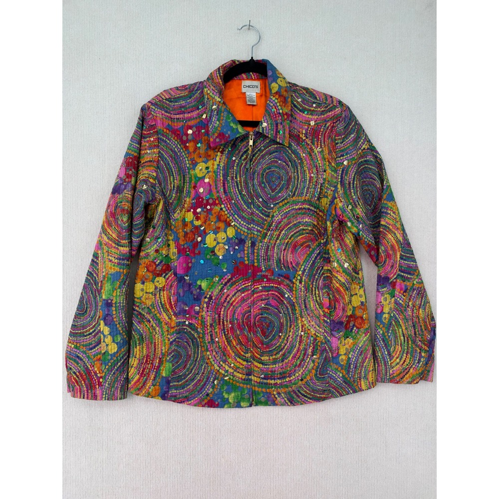Vintage Chico's Size 2 Quilted Jacket Multicolor Sequin Art to Wear Boho Y2K